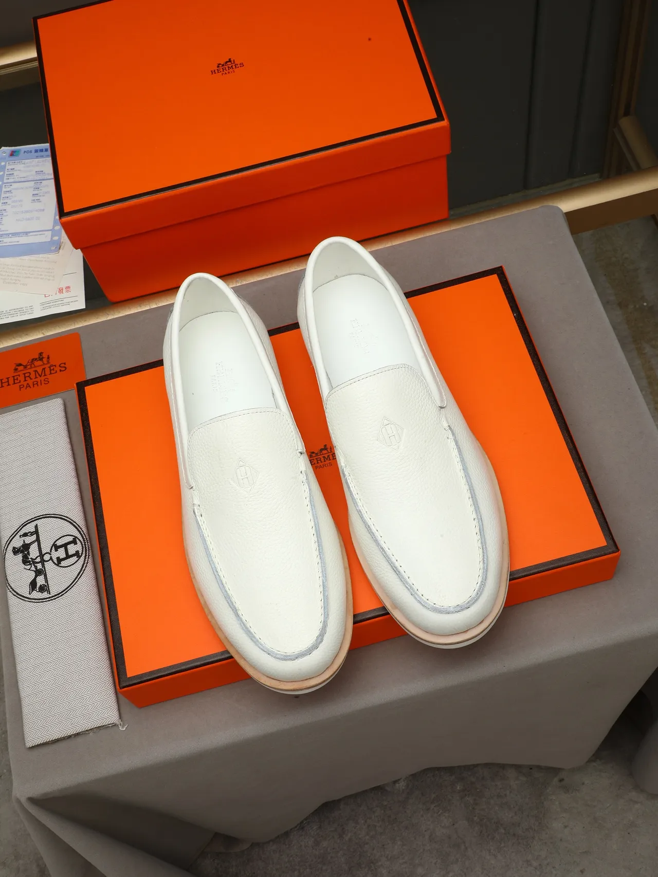 Hermès White Pebbled Leather Moc-Toe Loafer 2