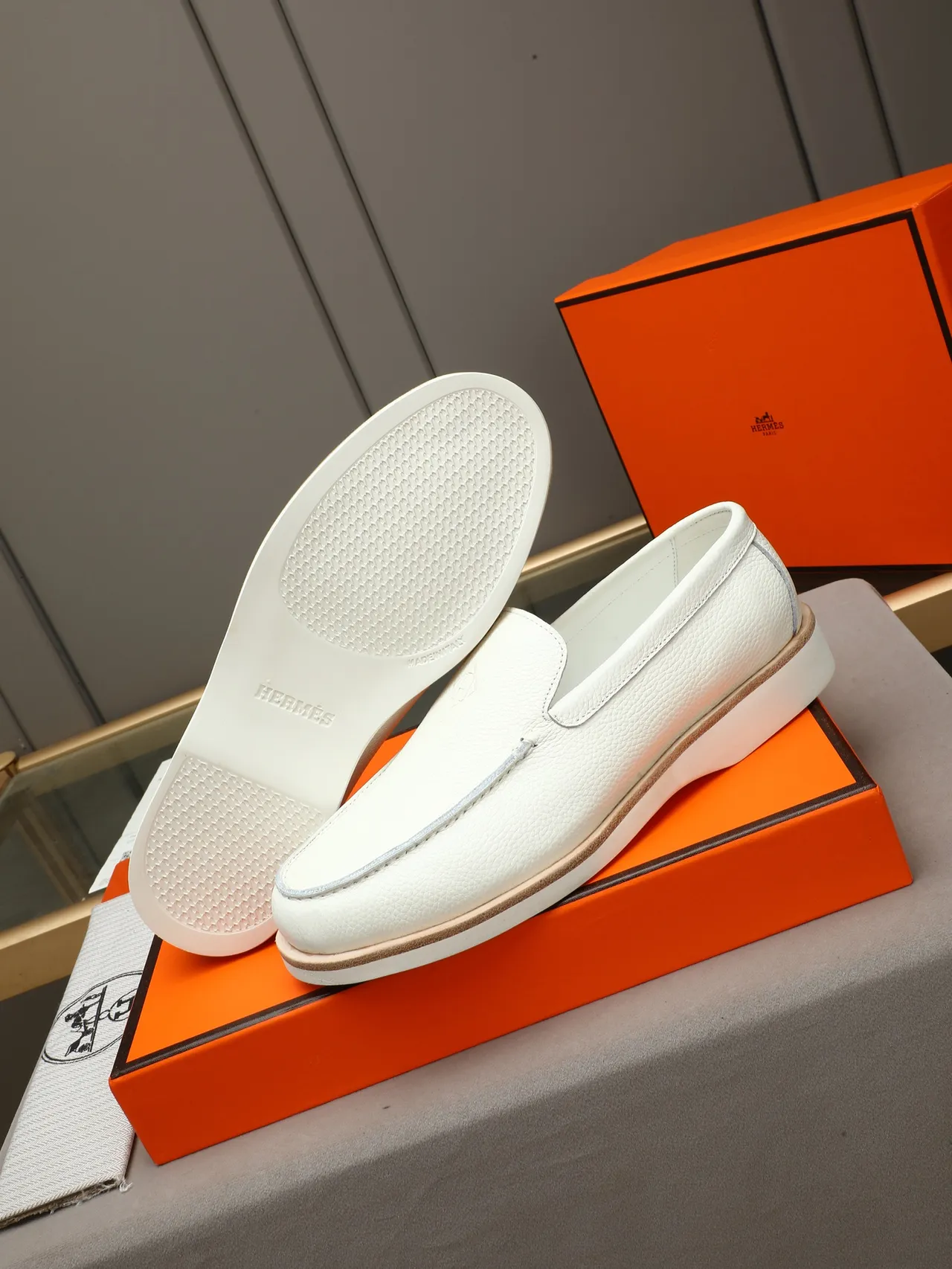 Hermès White Pebbled Leather Moc-Toe Loafer 4