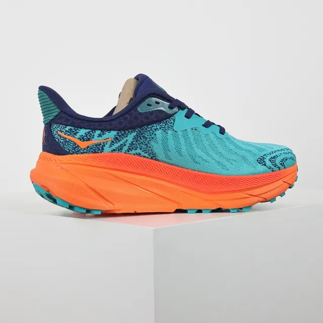 Hoka أحذية جري بألوان أزرق وبرتقالية upper من knit engineered midsole flared 7