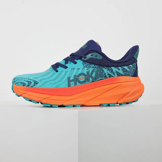 Hoka أحذية جري بألوان أزرق وبرتقالية upper من knit engineered midsole flared 9