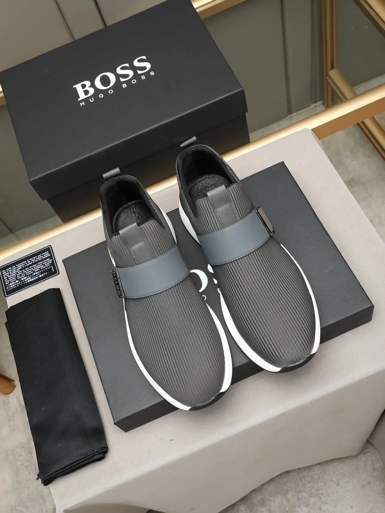 Hugo Boss Gray White Slip-On Knit Upper Sneakers 3