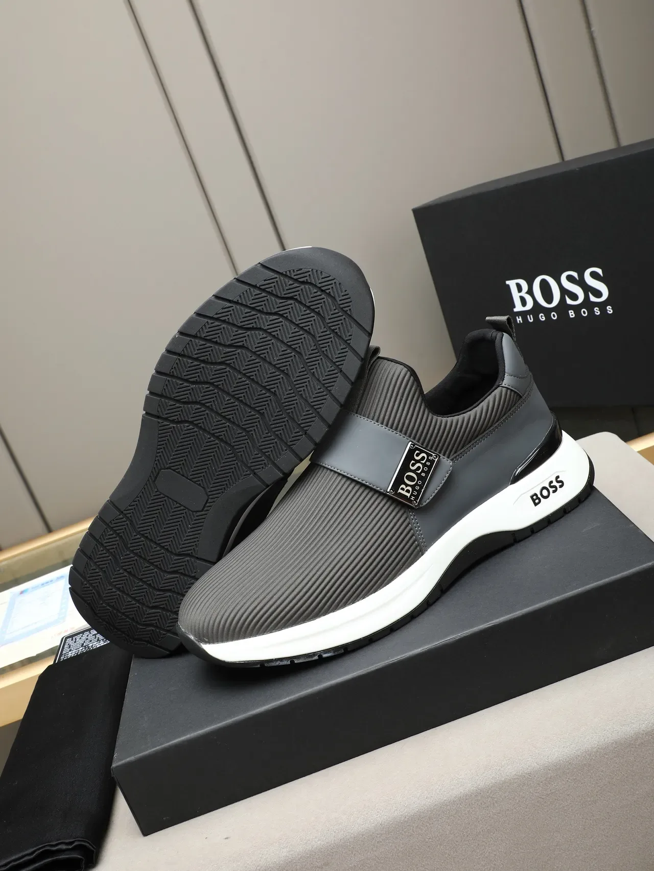 Hugo Boss Gray White Slip-On Knit Upper Sneakers 5