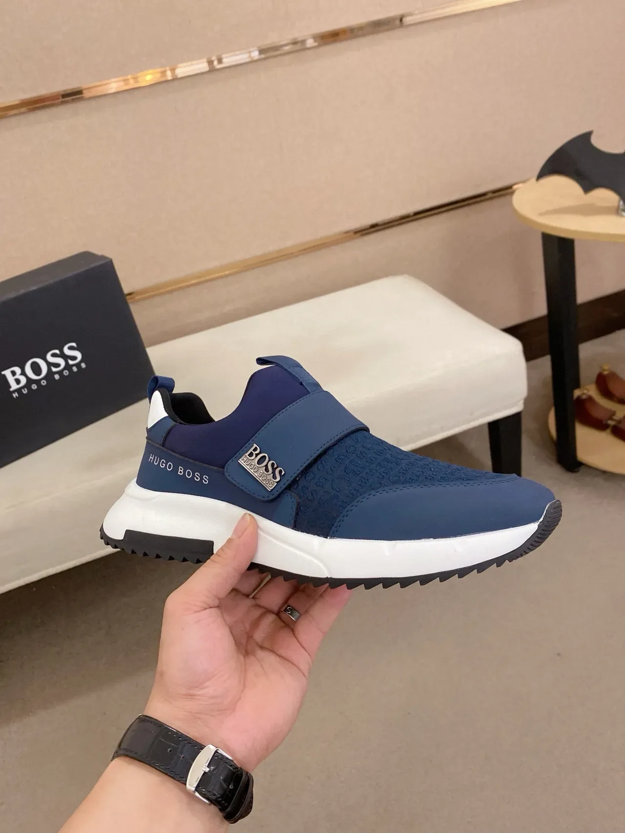 Hugo Boss Tênis azul marinho branco Slip-On Alça Elástica Estilo de vida 4