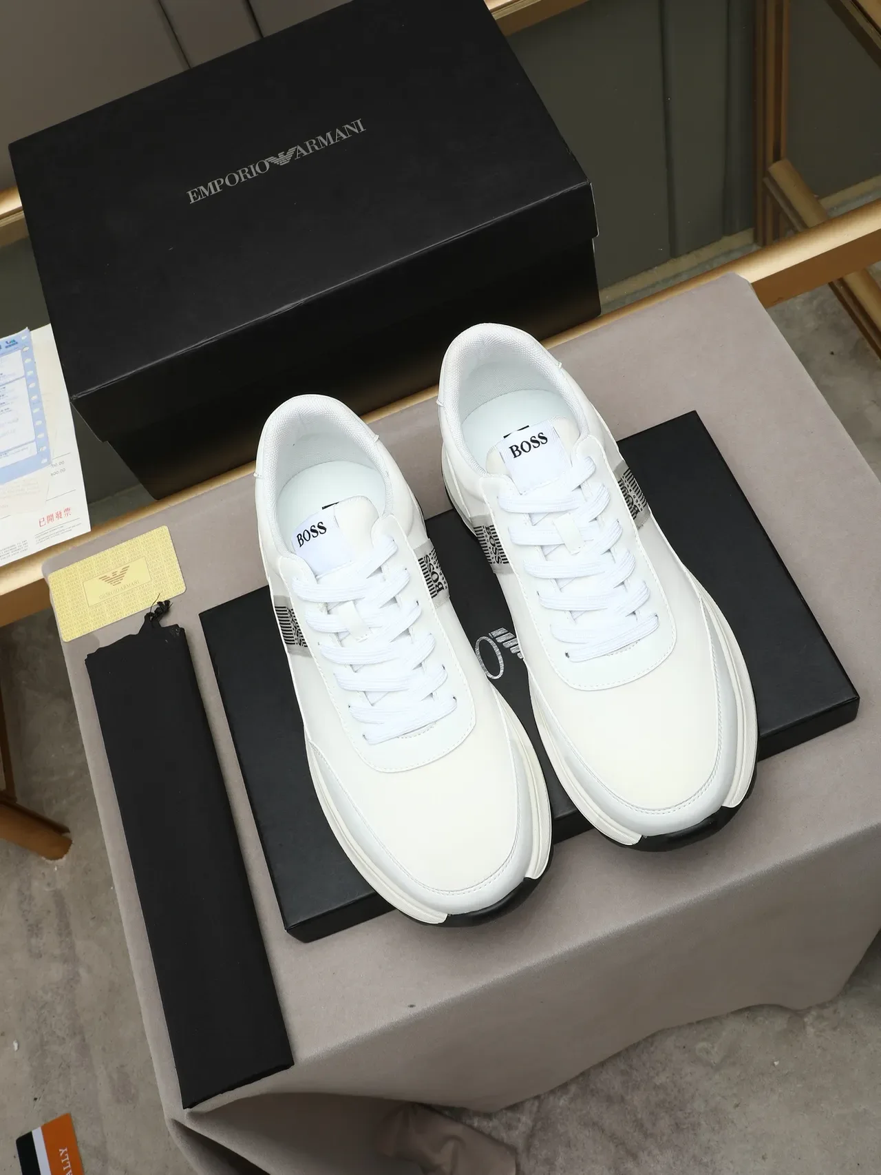 Hugo Boss White Black Leather-Like Upper Striped Logo Panel Sneakers 2