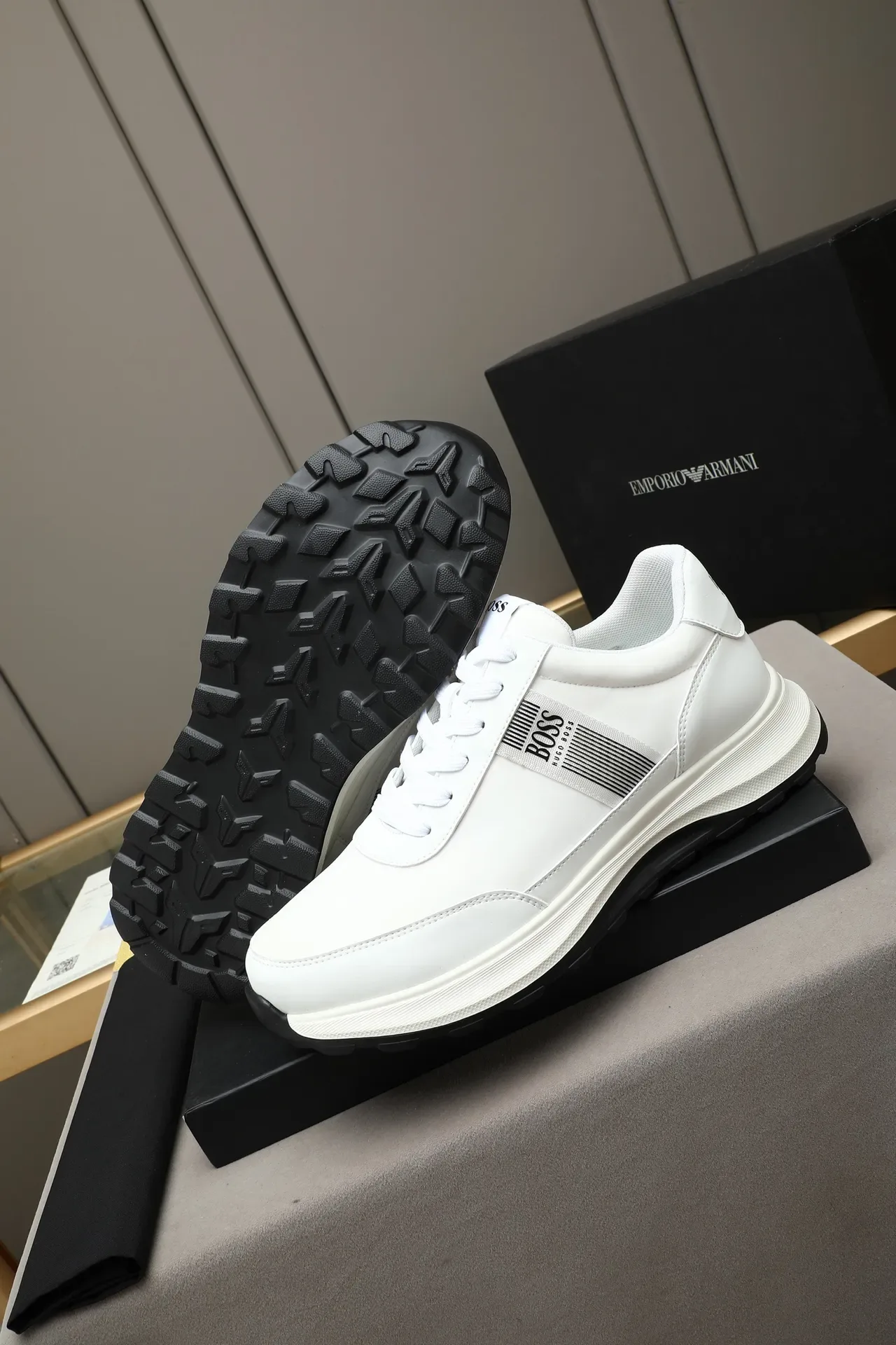 Hugo Boss White Black Leather-Like Upper Striped Logo Panel Sneakers 4