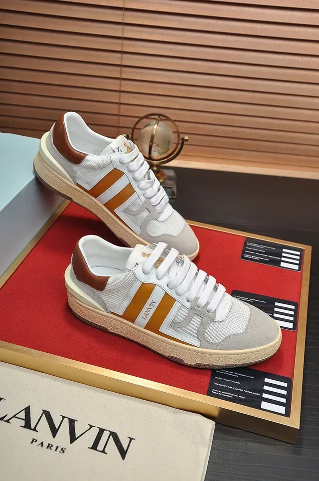 Lanvin White Brown Low-Top Mixed-Material Upper Sneakers 4