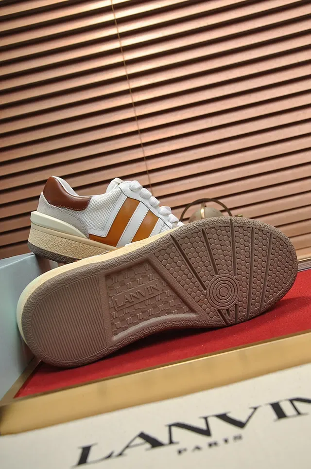 Lanvin White Brown Low-Top Mixed-Material Upper Sneakers 5