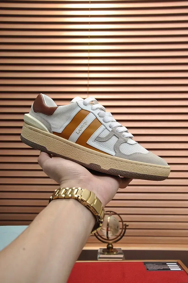 Lanvin White Brown Low-Top Mixed-Material Upper Sneakers 7