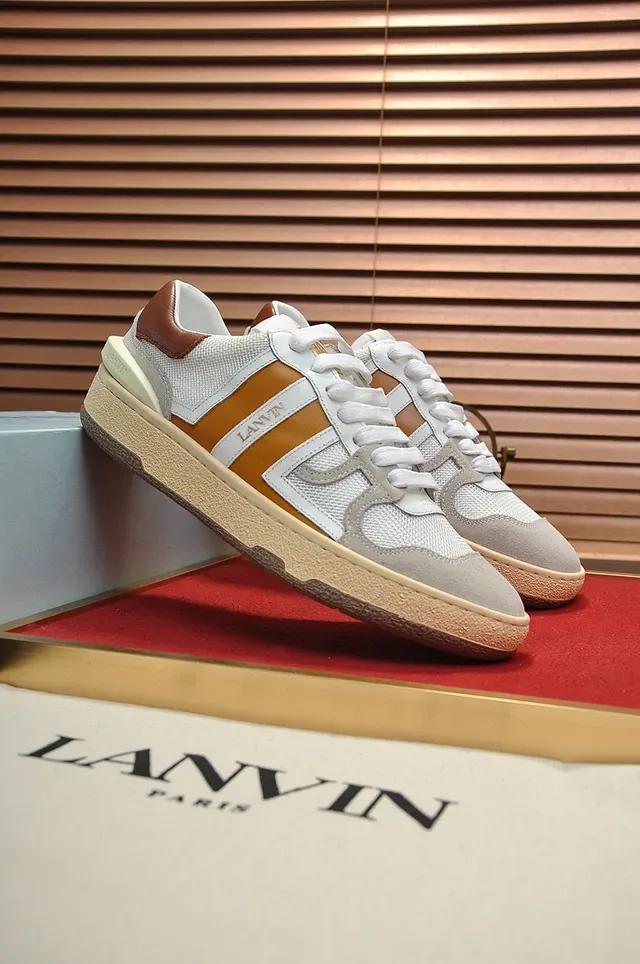Lanvin White Brown Low-Top Mixed-Material Upper Sneakers 8