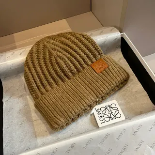 Loewe Brown Beige Ribbed Knit Folded Cuff Beanie