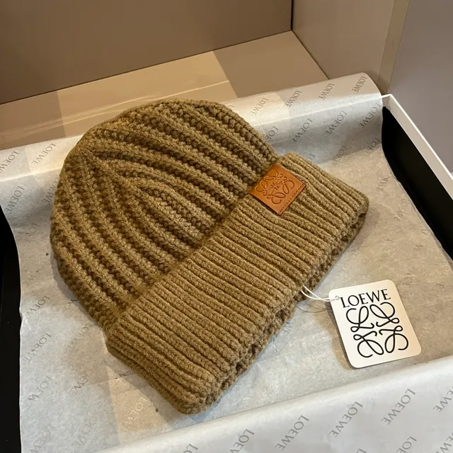Loewe Brown Beige Ribbed Knit Folded Cuff Beanie 7