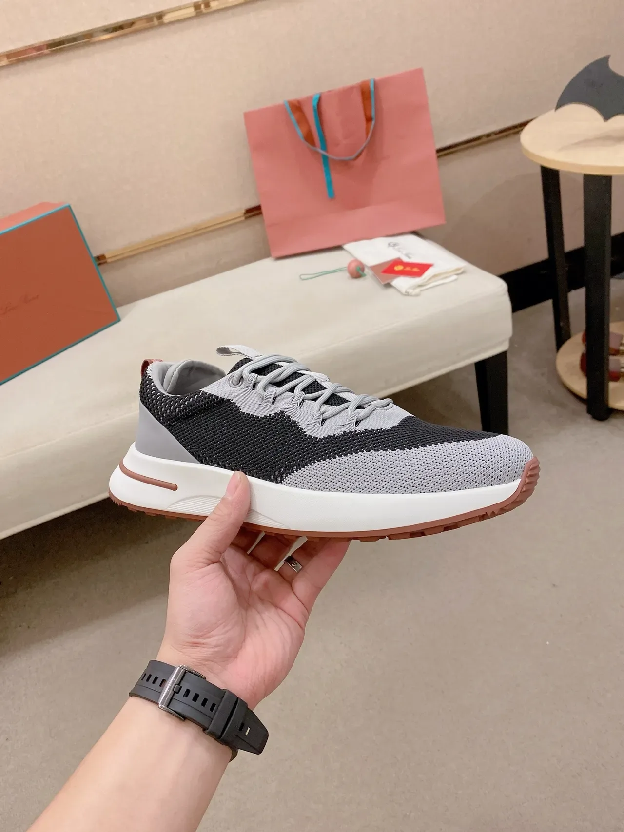 Loewe Gray Black Knit Upper Color-Blocked Sneakers 5