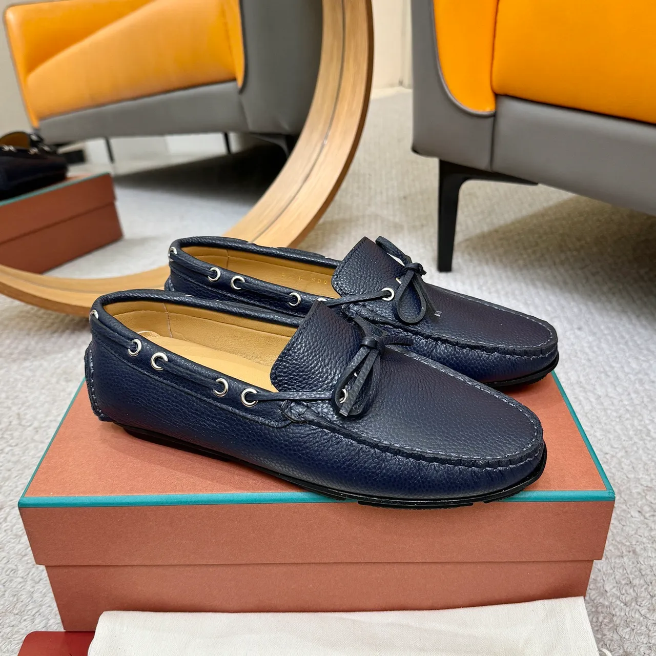 Loewe LP Dots Walk Navy Pebbled Leather Loafers 4