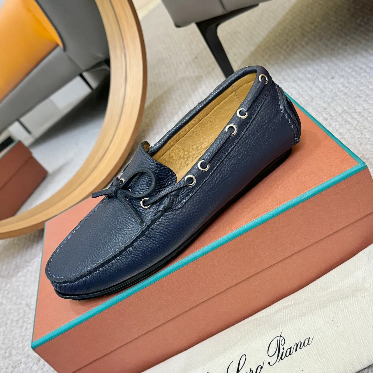 Loewe LP Dots Walk Navy Pebbled Leather Loafers 6