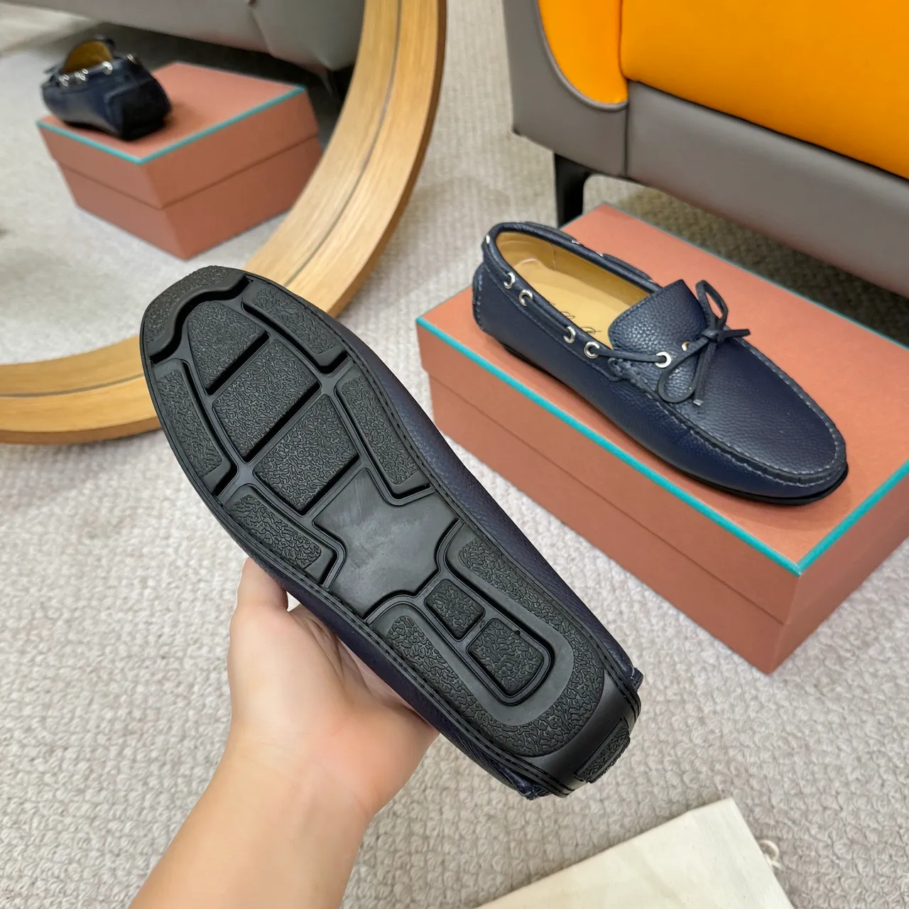 Loewe LP Dots Walk Navy Pebbled Leather Loafers 7