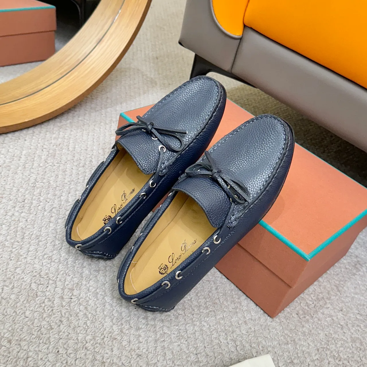 Loewe LP Dots Walk Navy Pebbled Leather Loafers 8