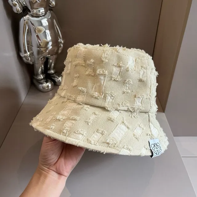 Loewe Patchwork Beige Black Deconstructed Frayed Edge Bucket Hat 4