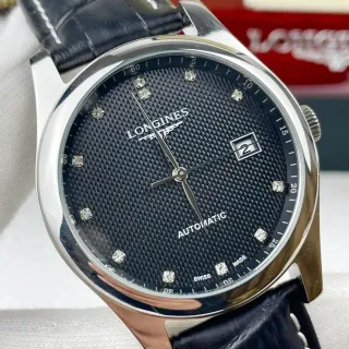 Longines Black Silver Stainless Steel Case Textured Guilloché Dial Mechanical Watch