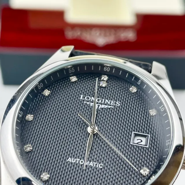 Longines Black Silver Stainless Steel Case Textured Guilloché Dial Mechanical Watch 2