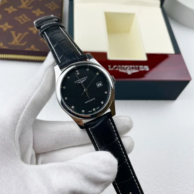 Longines Black Silver Stainless Steel Case Textured Guilloché Dial Mechanical Watch 3