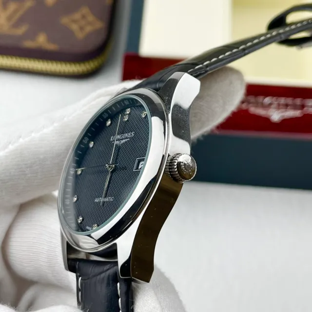 Longines Black Silver Stainless Steel Case Textured Guilloché Dial Mechanical Watch 7