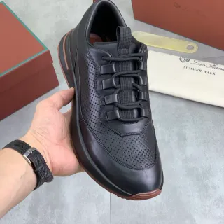 Loro Piana Black Brown Perforated Leather Upper Flat Woven Lacing System Lifestyle Sneakers