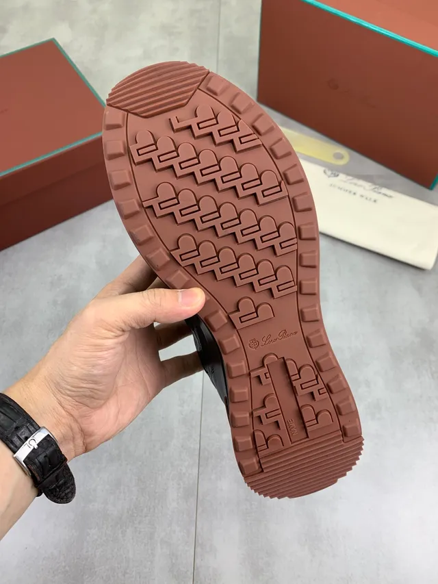 Loro Piana Noir Marron, Haut en cuir perforé, Système de lacets tissé plat, Sneakers lifestyle 2
