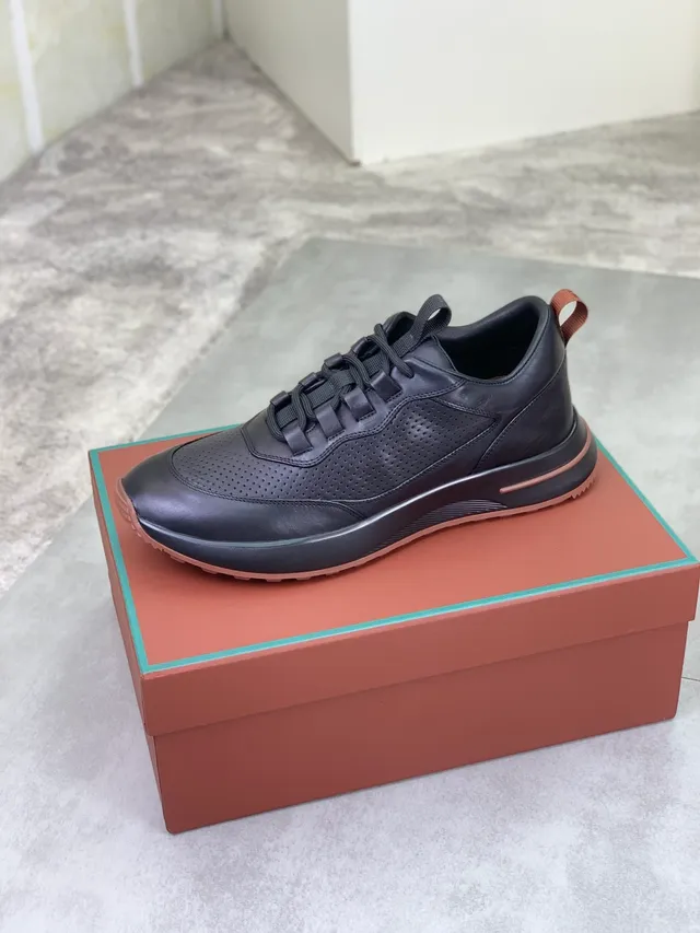 Loro Piana Noir Marron, Haut en cuir perforé, Système de lacets tissé plat, Sneakers lifestyle 4