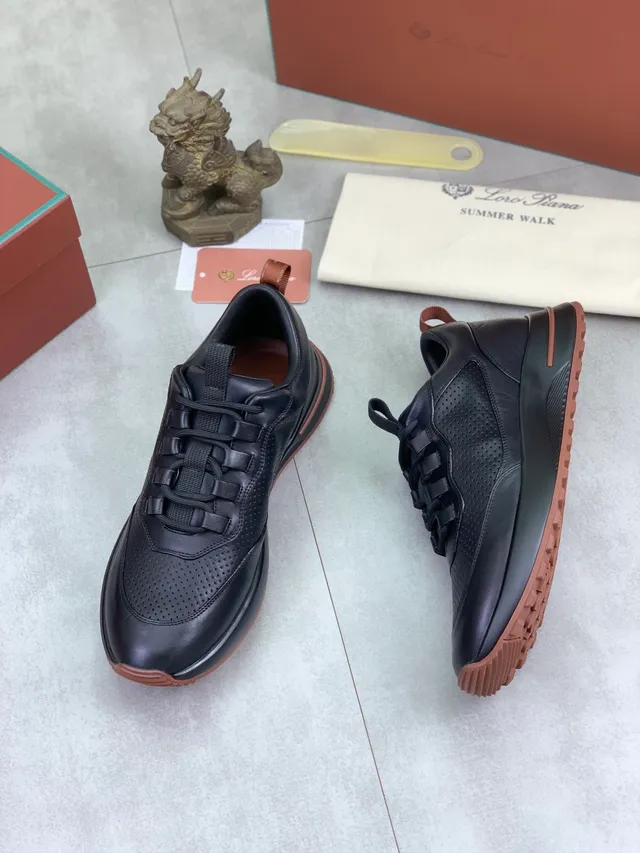 Loro Piana Noir Marron, Haut en cuir perforé, Système de lacets tissé plat, Sneakers lifestyle 5