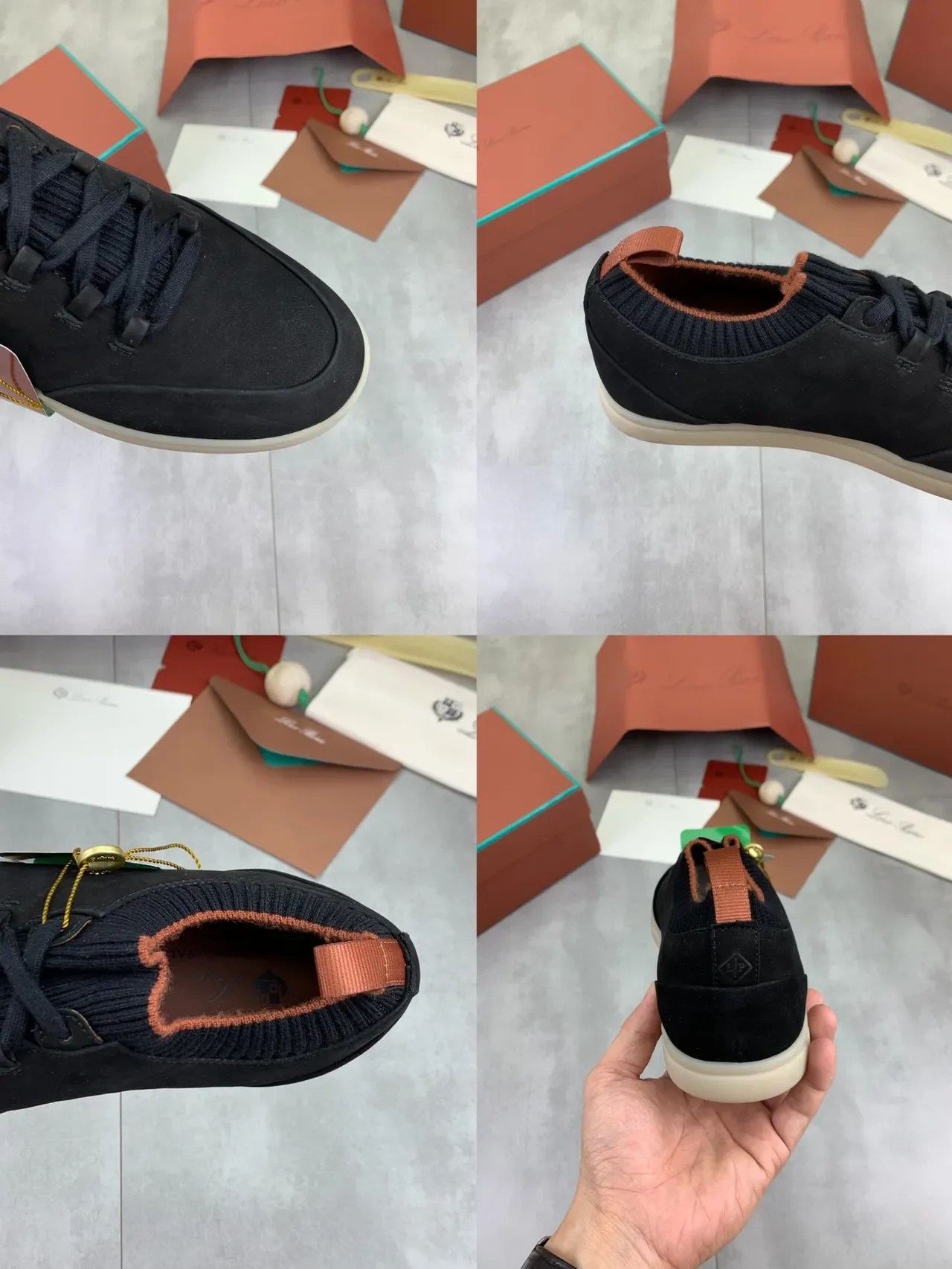 Loro Piana Black Suede Knit Collar Gum Sole Sneakers 2
