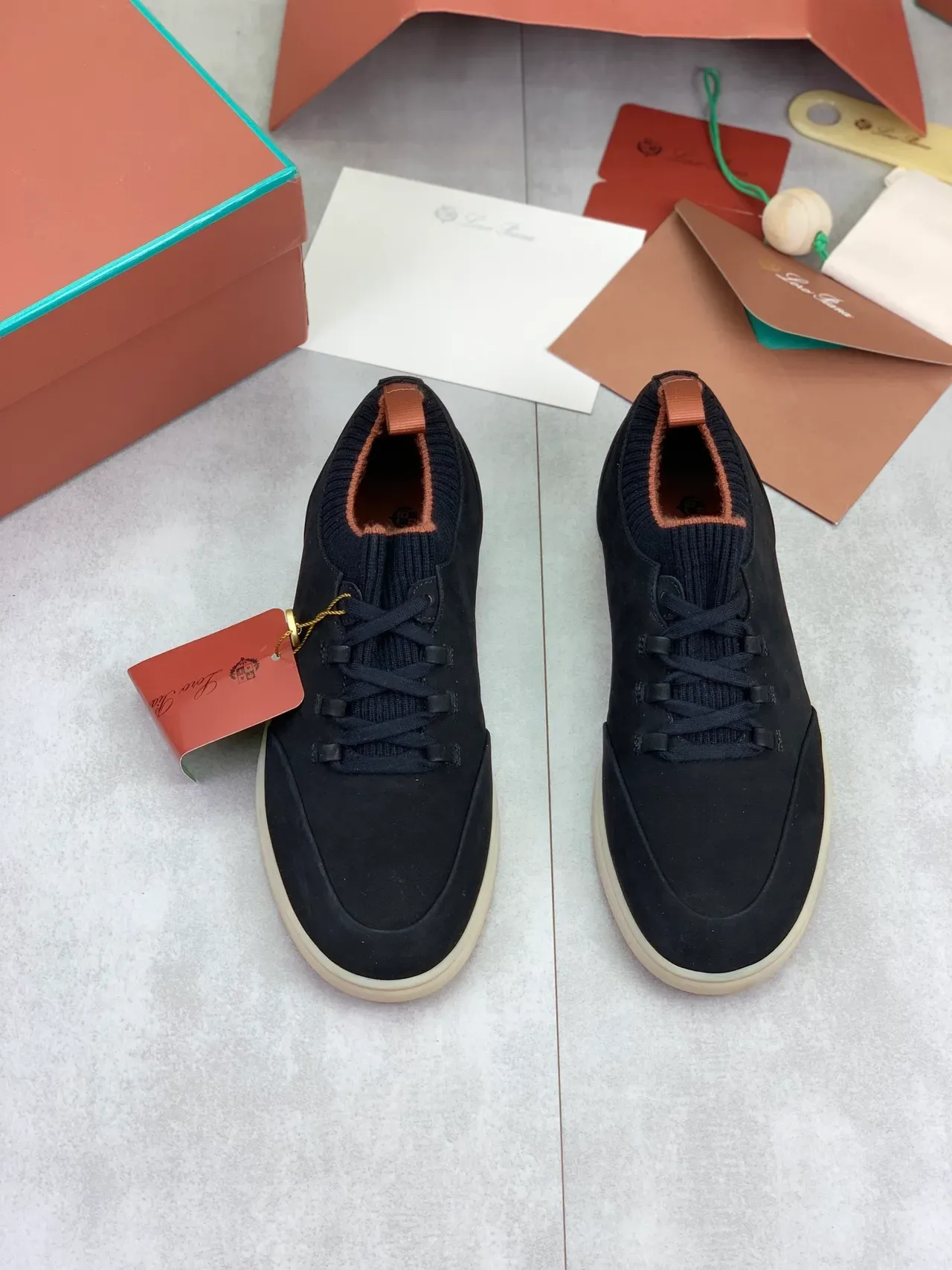 Loro Piana Black Suede Knit Collar Gum Sole Sneakers 4