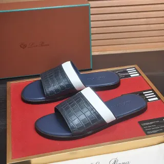 Loro Piana Croc-Embossed Navy and White Slipper