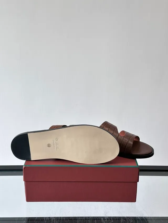 Loro Piana Croc-Embossed Two-Strap Slide Casual Sandals 2