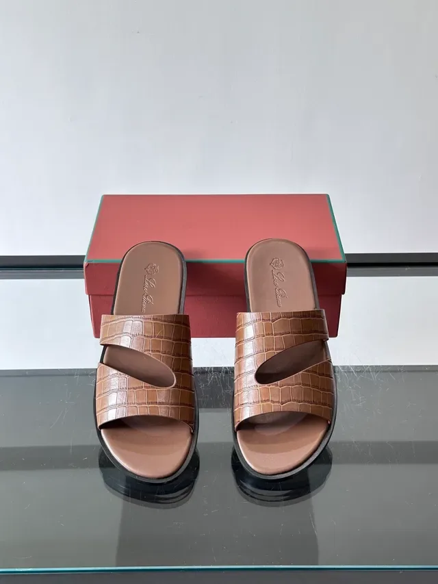 Loro Piana Croc-Embossed Two-Strap Slide Casual Sandals 3