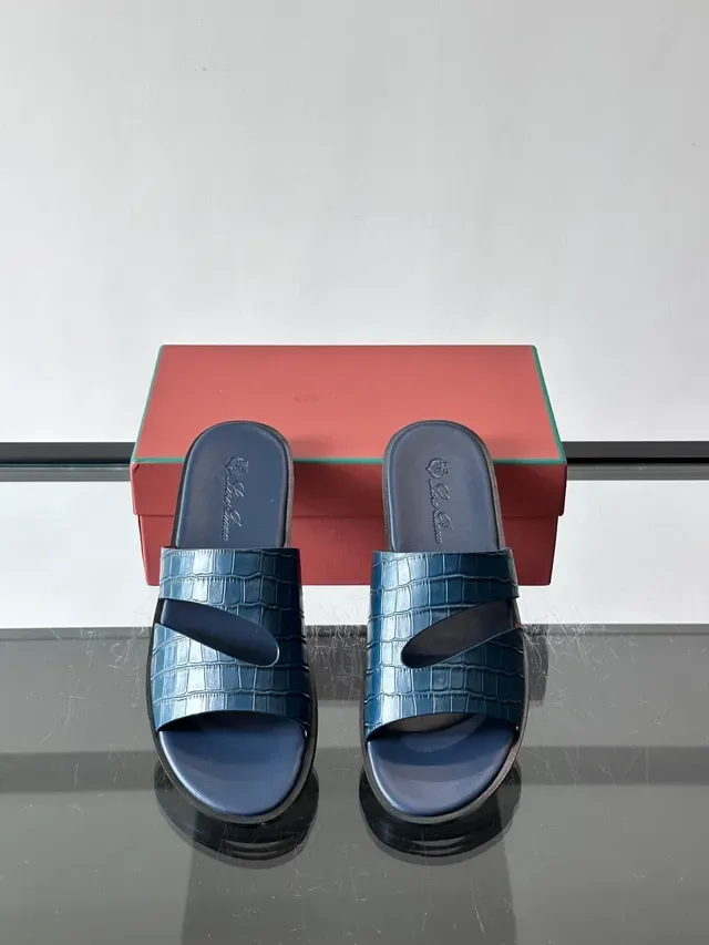 Loro Piana Croc-Embossed Two-Strap Slide Casual Sandals 4