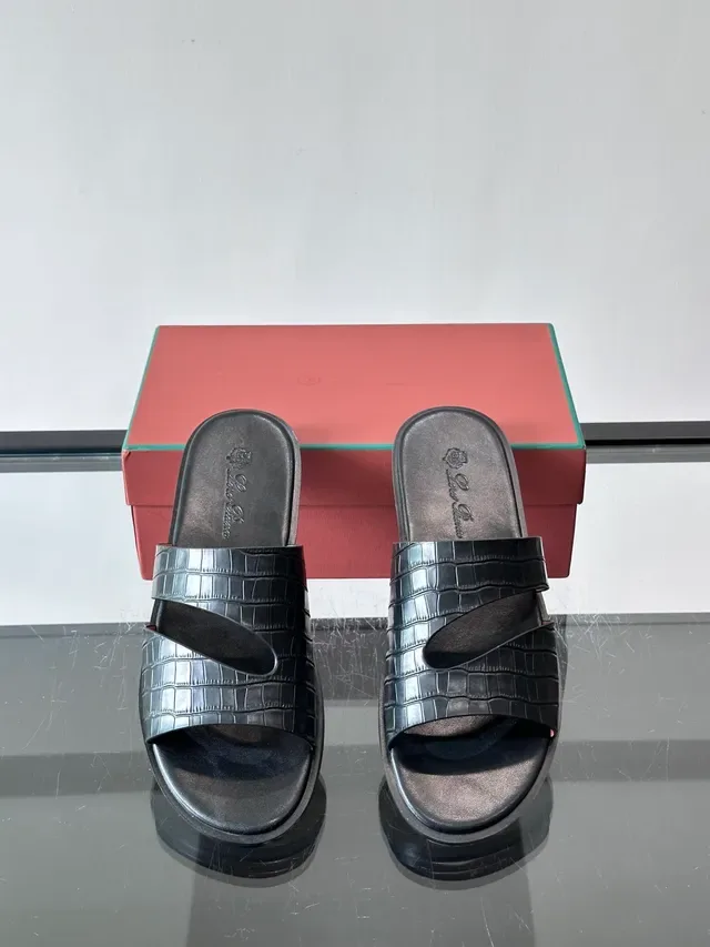 Loro Piana Croc-Embossed Two-Strap Slide Casual Sandals 5