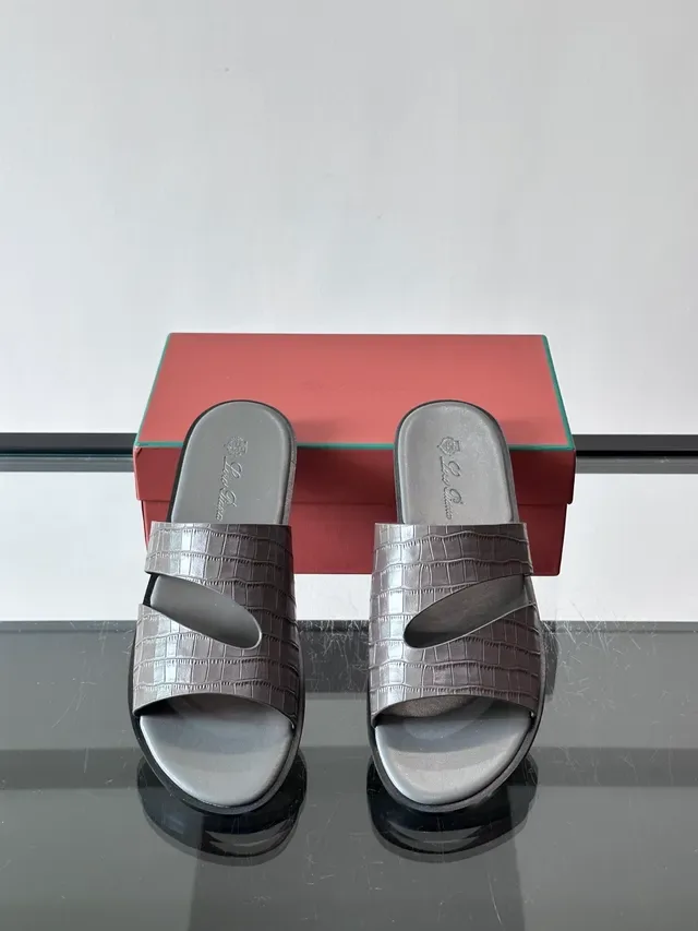 Loro Piana Croc-Embossed Two-Strap Slide Casual Sandals 6