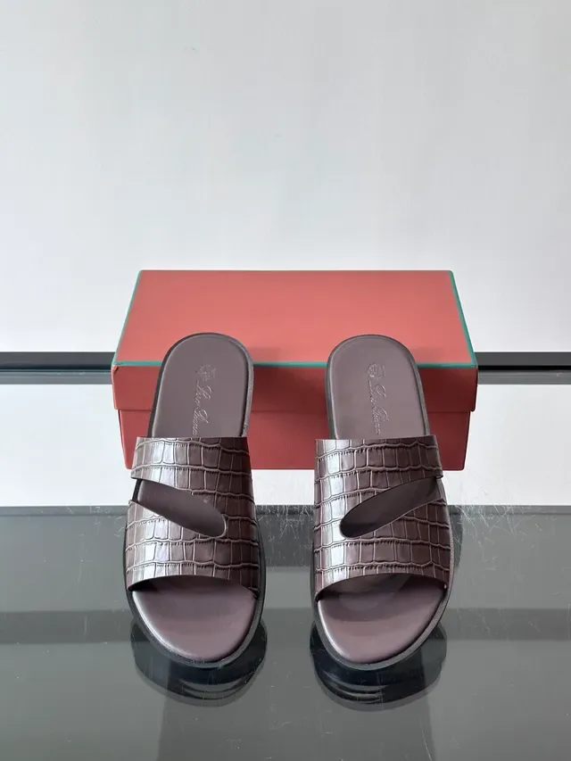 Loro Piana Croc-Embossed Two-Strap Slide Casual Sandals 7