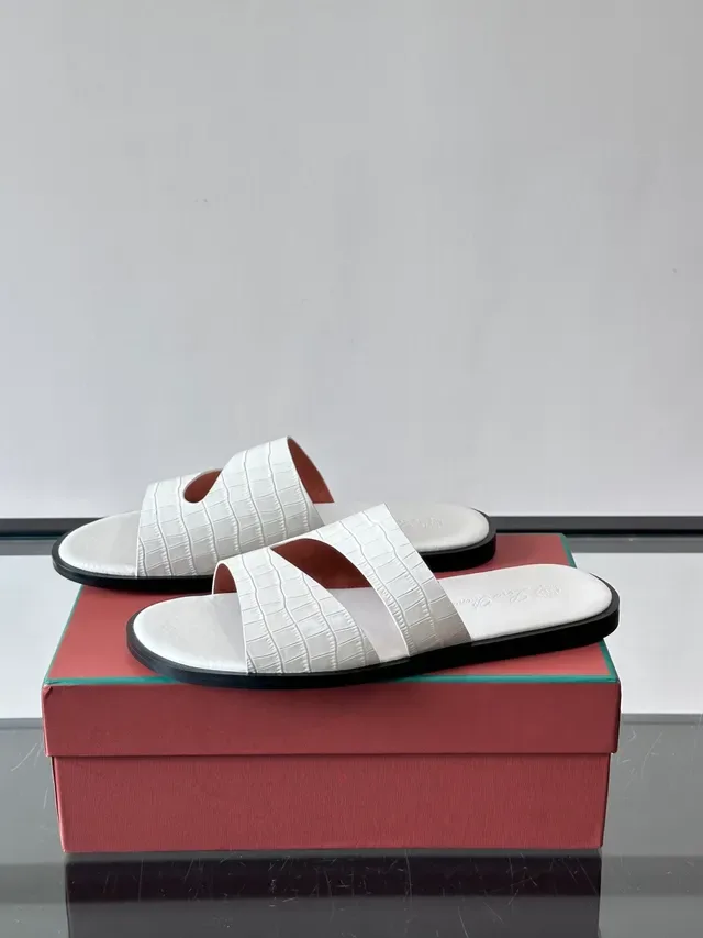 Loro Piana Croc-Embossed Two-Strap Slide Casual Sandals 8
