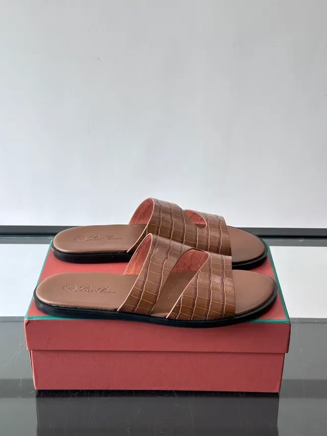 Loro Piana Croc-Embossed Two-Strap Slide Casual Sandals 10