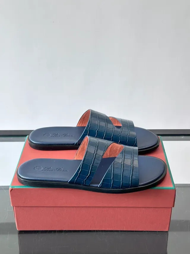 Loro Piana Croc-Embossed Two-Strap Slide Casual Sandals 11