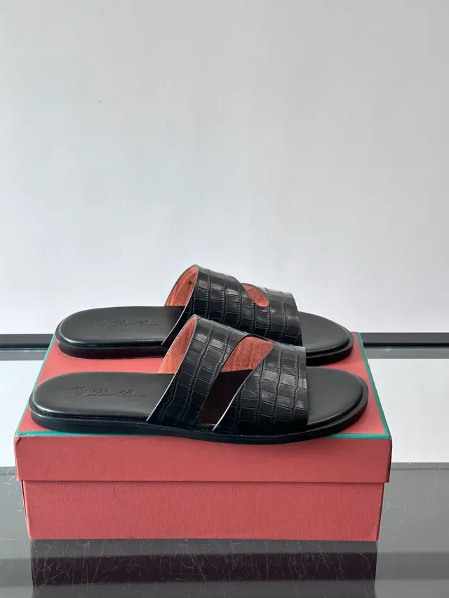 Loro Piana Croc-Embossed Two-Strap Slide Casual Sandals 12
