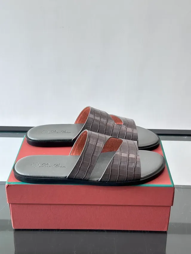 Loro Piana Croc-Embossed Two-Strap Slide Casual Sandals 13