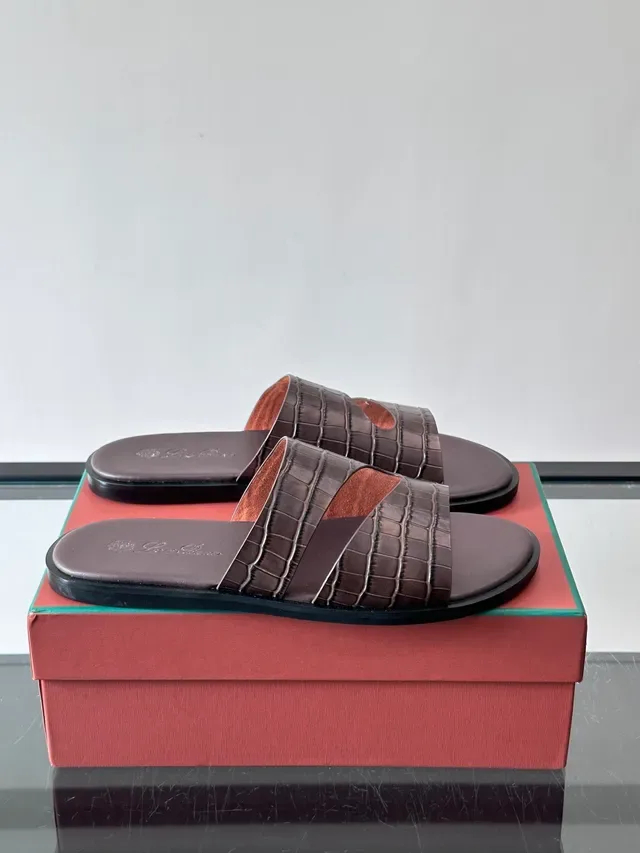 Loro Piana Croc-Embossed Two-Strap Slide Casual Sandals 14