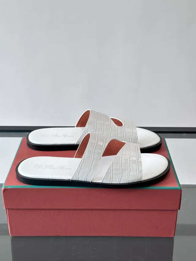 Loro Piana Croc-Embossed Two-Strap Slide Casual Sandals 15