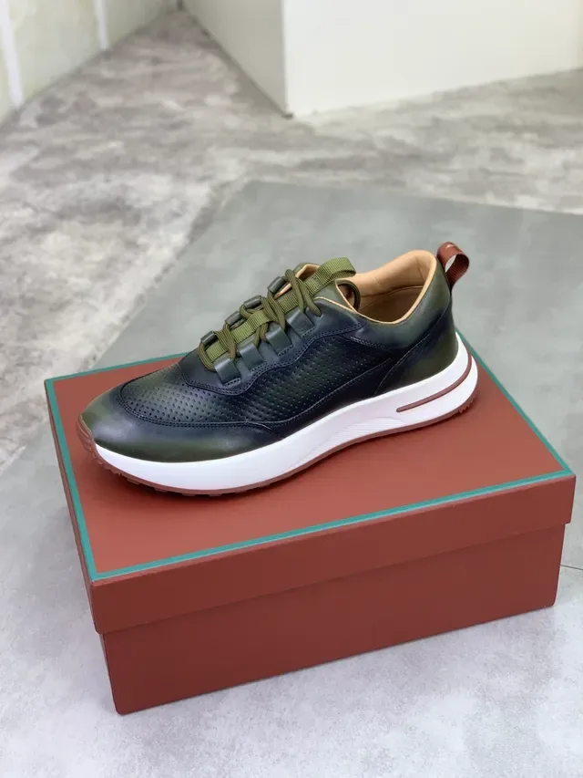 Loro Piana Perforated Leather Olive Green Lifestyle Sneakers 4