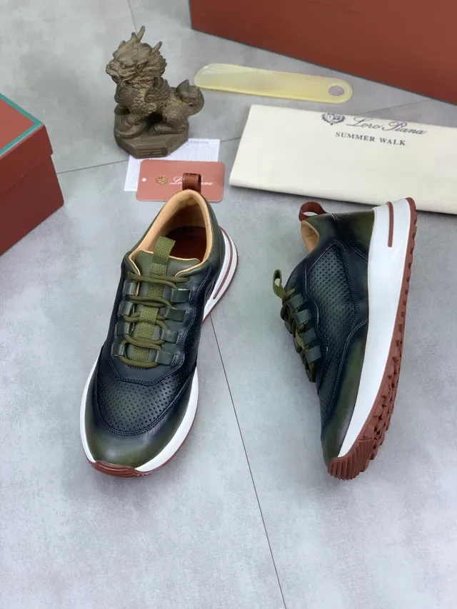 Loro Piana Perforated Leather Olive Green Lifestyle Sneakers 5