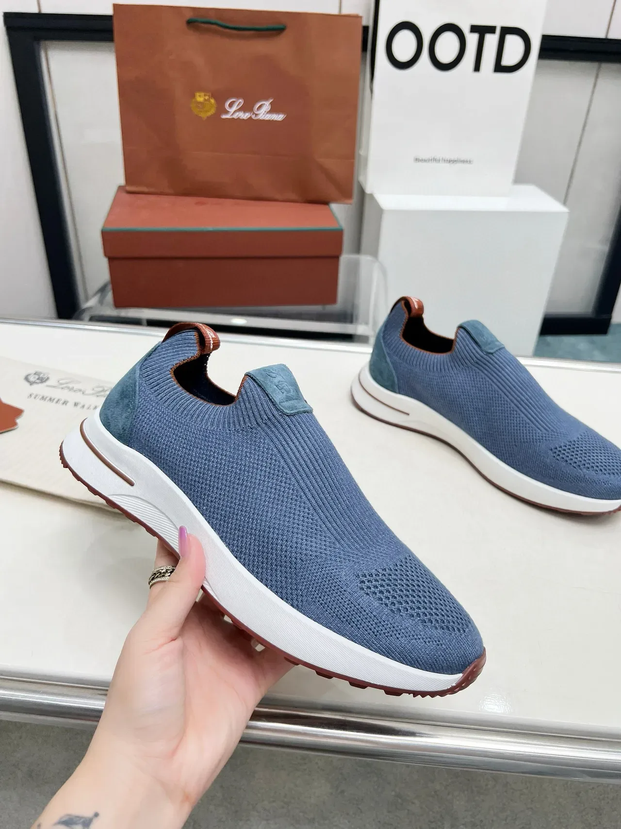 Loro Piana Summer Walk Chaussures lifestyle en maille bleue à enfiler 2