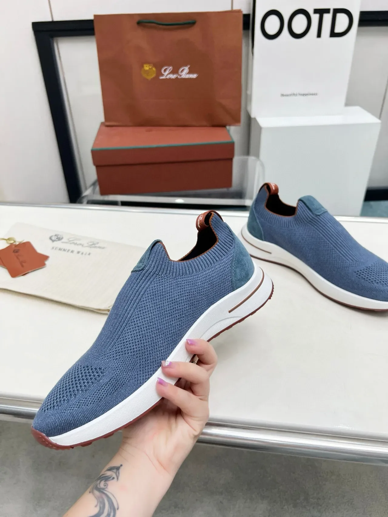 Loro Piana Summer Walk Chaussures lifestyle en maille bleue à enfiler 3