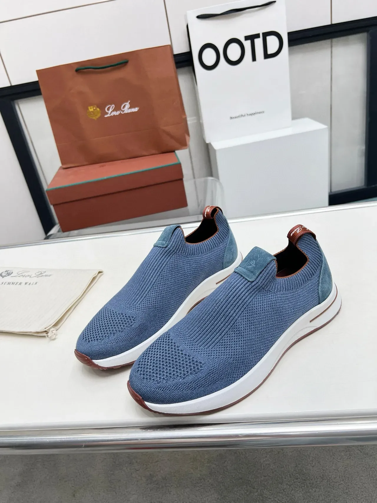 Loro Piana Summer Walk Chaussures lifestyle en maille bleue à enfiler 8